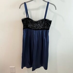 BCBGMAXAZRIA Midnight Blue Silk Black Chiffon Beaded Bust Y2K Dress Size 4